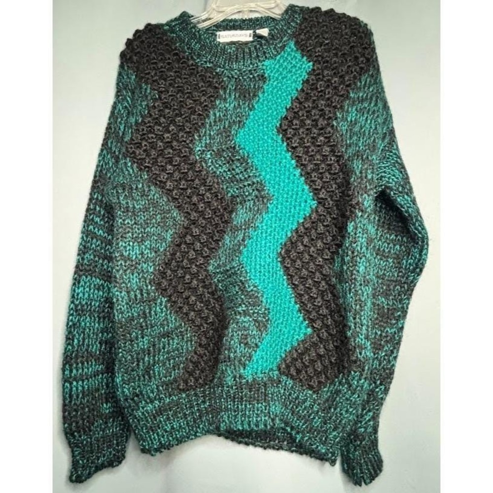 Vintage 90s Saturdays Sweater Mens M Teal Black Geometric Grandpa Knit Korea‎